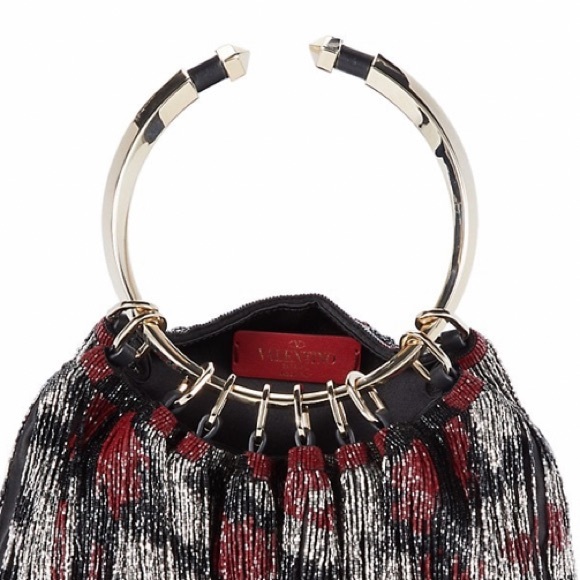 VALENTINO GARAVANI BEADED FRINGE SATIN CLUTCH WITH GOLD TONE ROUND HANDLE - Picture 3 of 16